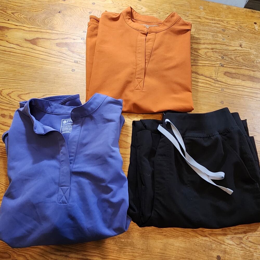 FIGS Womens XL Scrub Set 3 Piece Wide Leg Pants Tops Blue Rust Black Medical